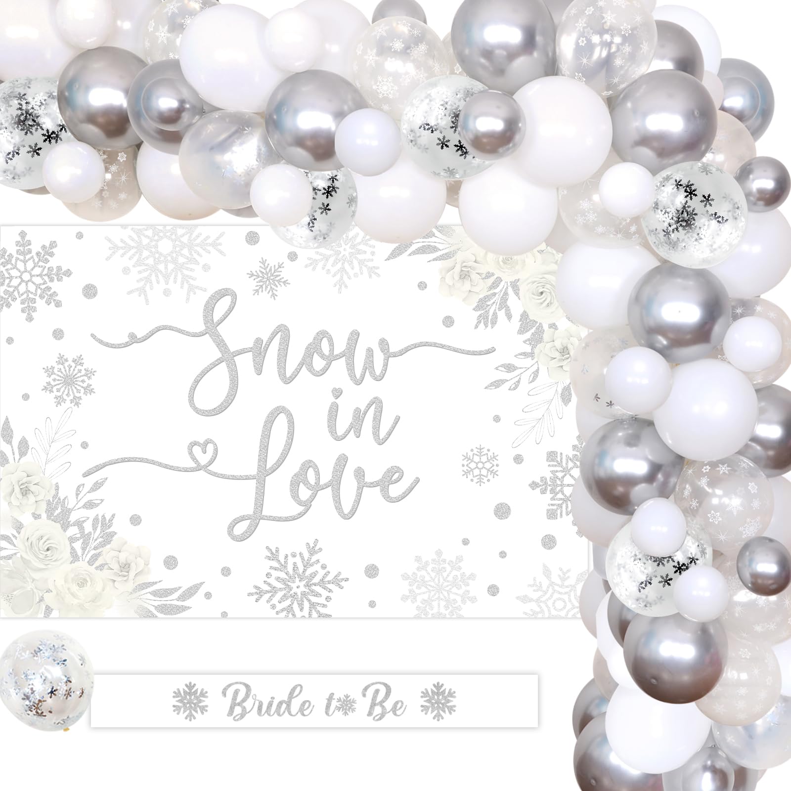 Cheereveal Snow In Love Bridal Shower Decor, Winter Theme Wedding Shower Balloon Garland Kit Silver, Snow in Love Backdrop, Snowflake Ring Foil Balloons for Winter Wedding Engagement Party Decorations