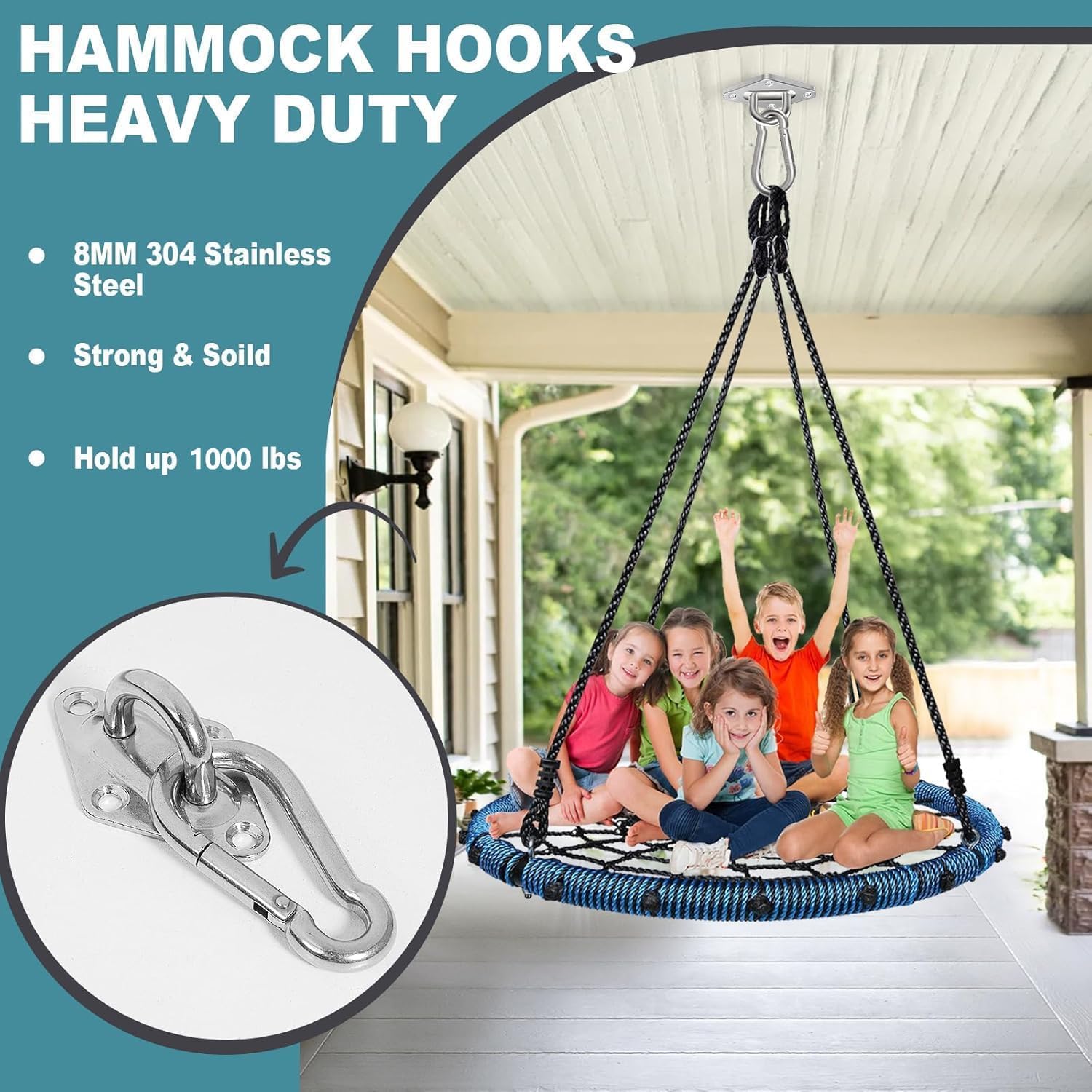 Hammock Hooks 2 Pack, Heavy Duty Hammock Hanging Kit, M8 304 Stainless Steel Pad Eye Hanging Hooks for Porch Swing, 1000Lbs Holding Capacitym,Silver image 5