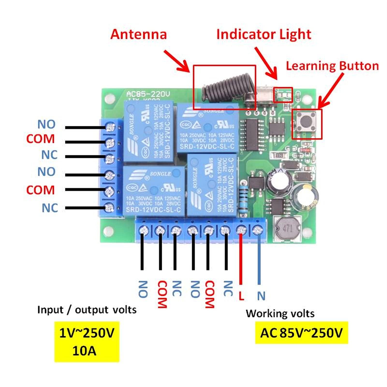 Silnik bramy przesuwnej, 10. AMP 220. 0W 4CH 433M. HZ RF Przełącznik zdalnego sterowania Bezprzewodowy regulator odbiornika przekaźnika do garażu PROWADZONY Żarówka(1RC)