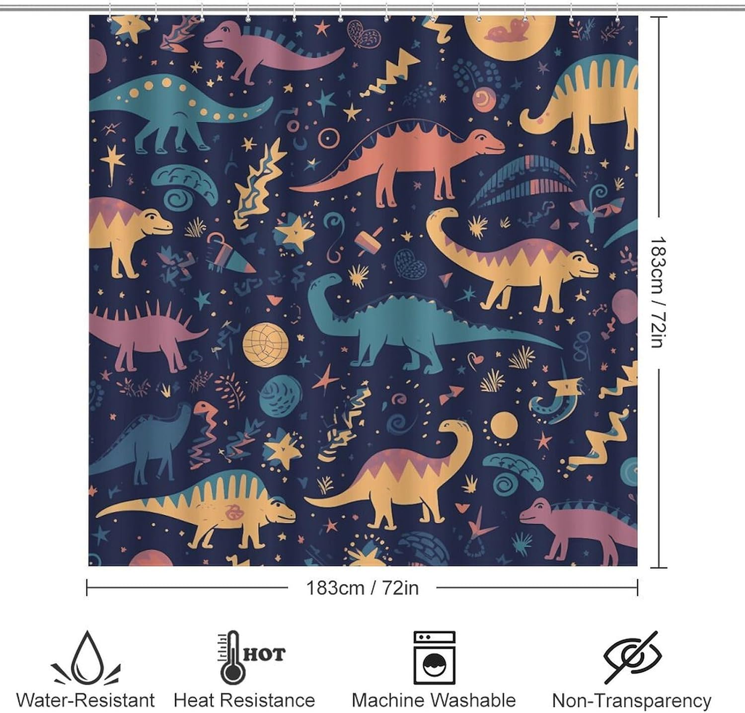 Dinosaurs and Stars Colorful Shower Curtain Set 4 Piece, Non-Slip Bath Mat with Toilet Lid Cover and Waterproof Shower Curtain with 12 Hooks, Complete Bathroom Set for Home Decor