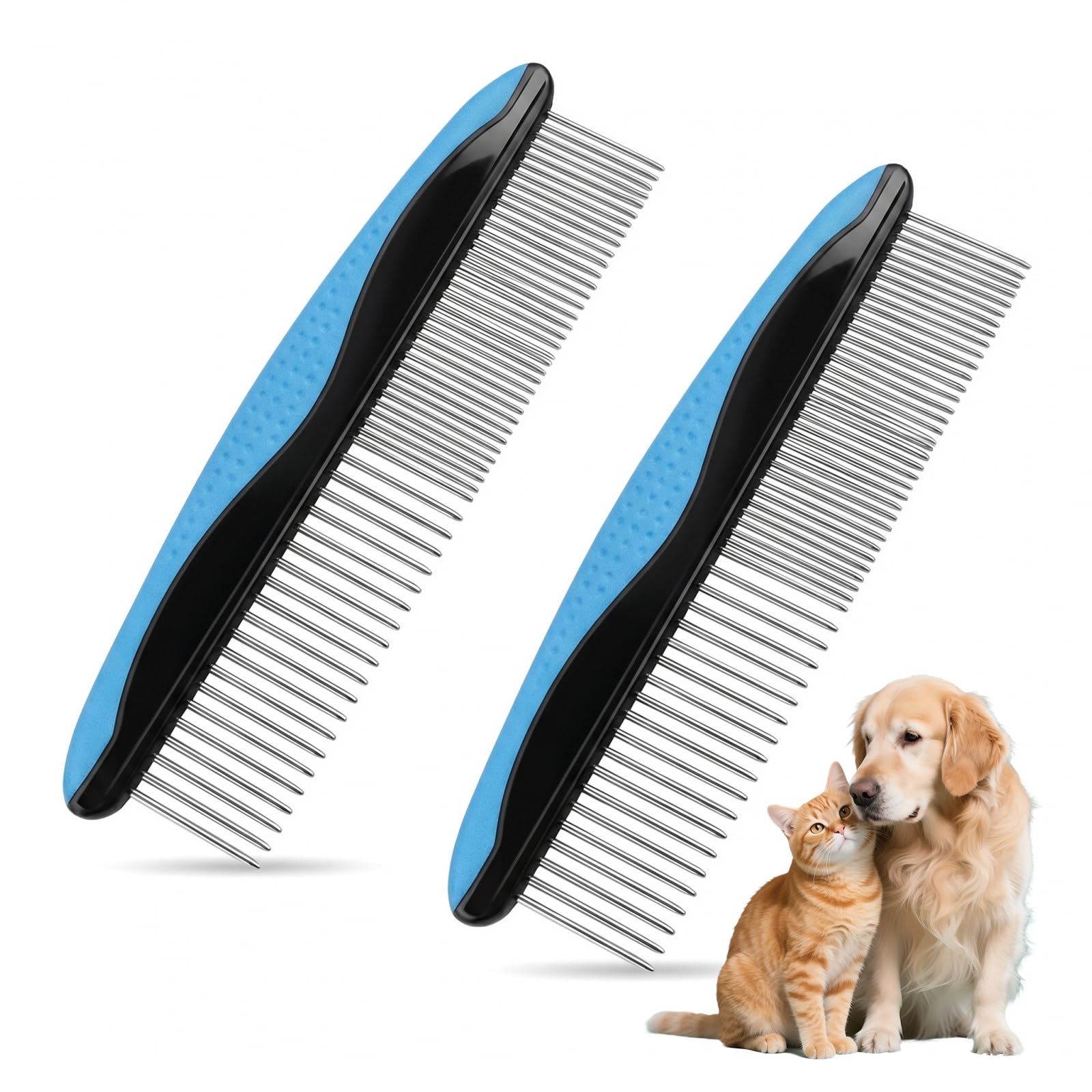Dog Comb and Cat Comb for Grooming - 2 PCS Metal Dog Comb with Stainless Steel Teeth and Rubber Non-Slip Handle - Dematting Comb for Dogs and Cats to Remove Matted Hair, Knots and Tangles (Blue)