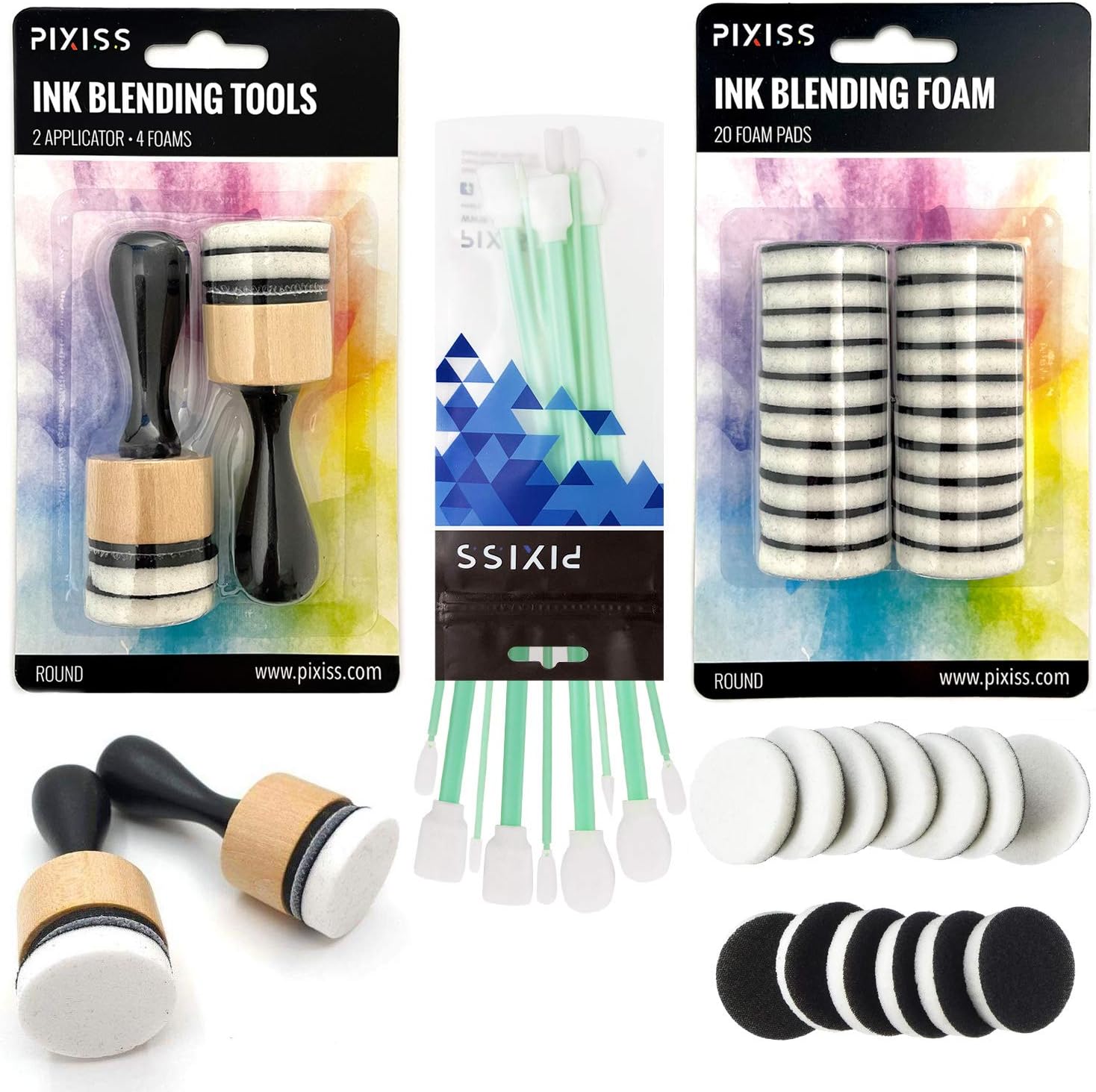 Pixiss Mini Ink Blending Tools, 2 Pack Round with 24 Replacement Foam Pads, 10 Stick Blending Tools for Distressing, Blending and More