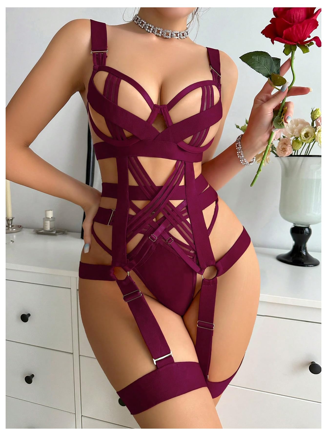 SOLY HUX Lingerie Set for Women 4 Piece Cutout Underwire Lingerie Set Bra and Panty with Leg Ring: Large Pure Red Violet