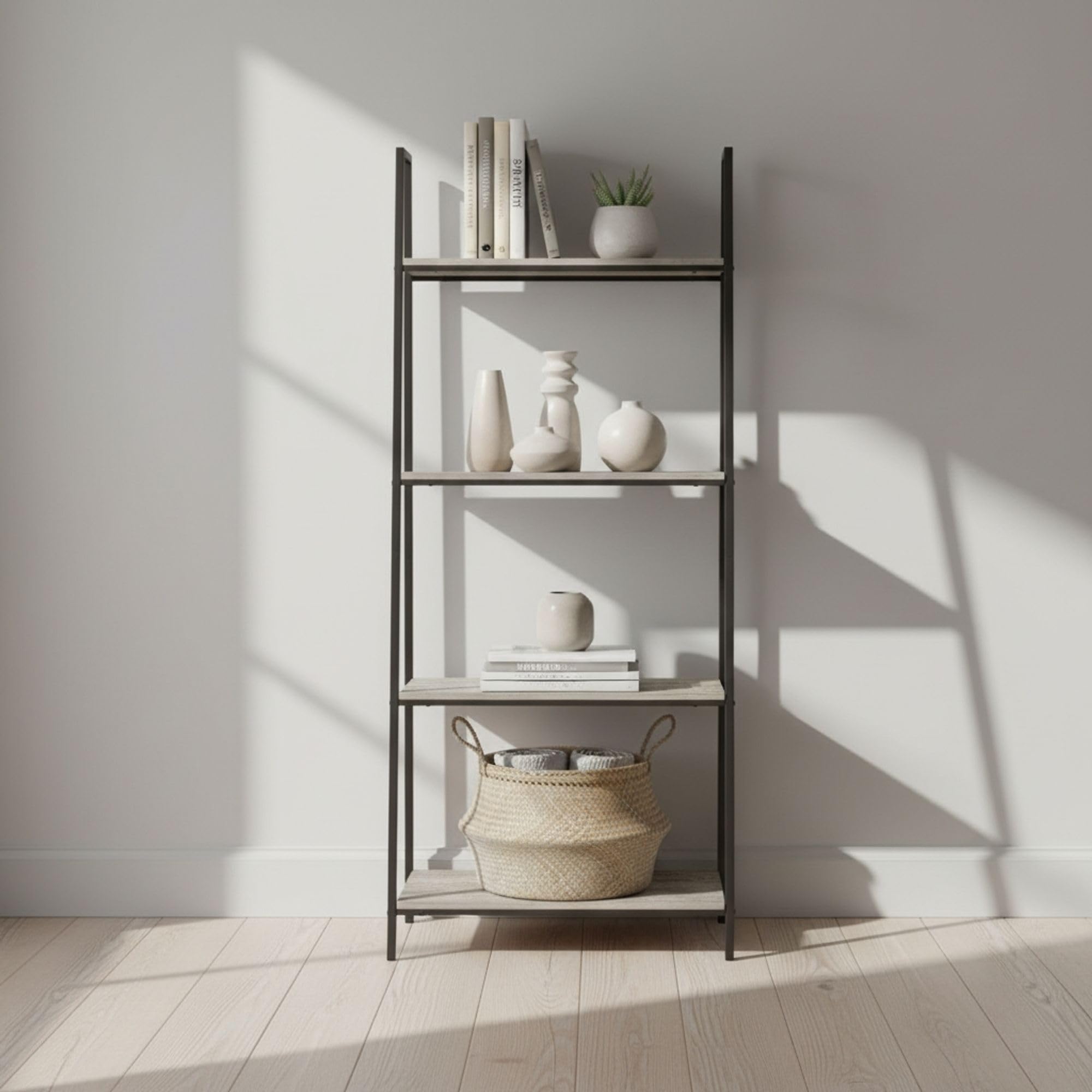 INDE MOBLEKIT | Estantería de Madera y Metal Negro 4 Niveles 60×34.5×150 cm, Librería Moderna con Baldas para Libros, Estantería Almacenaje Hogar y Decoración, Acabado Mate Fácil Montaje