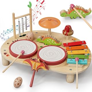LehooCastle 8-in-1 Wooden Baby Drum Set - Montessori Percussion Toys for Toddlers 1-3 with Xylophone, Shaker, Maracas, Ideal Preschool Gift