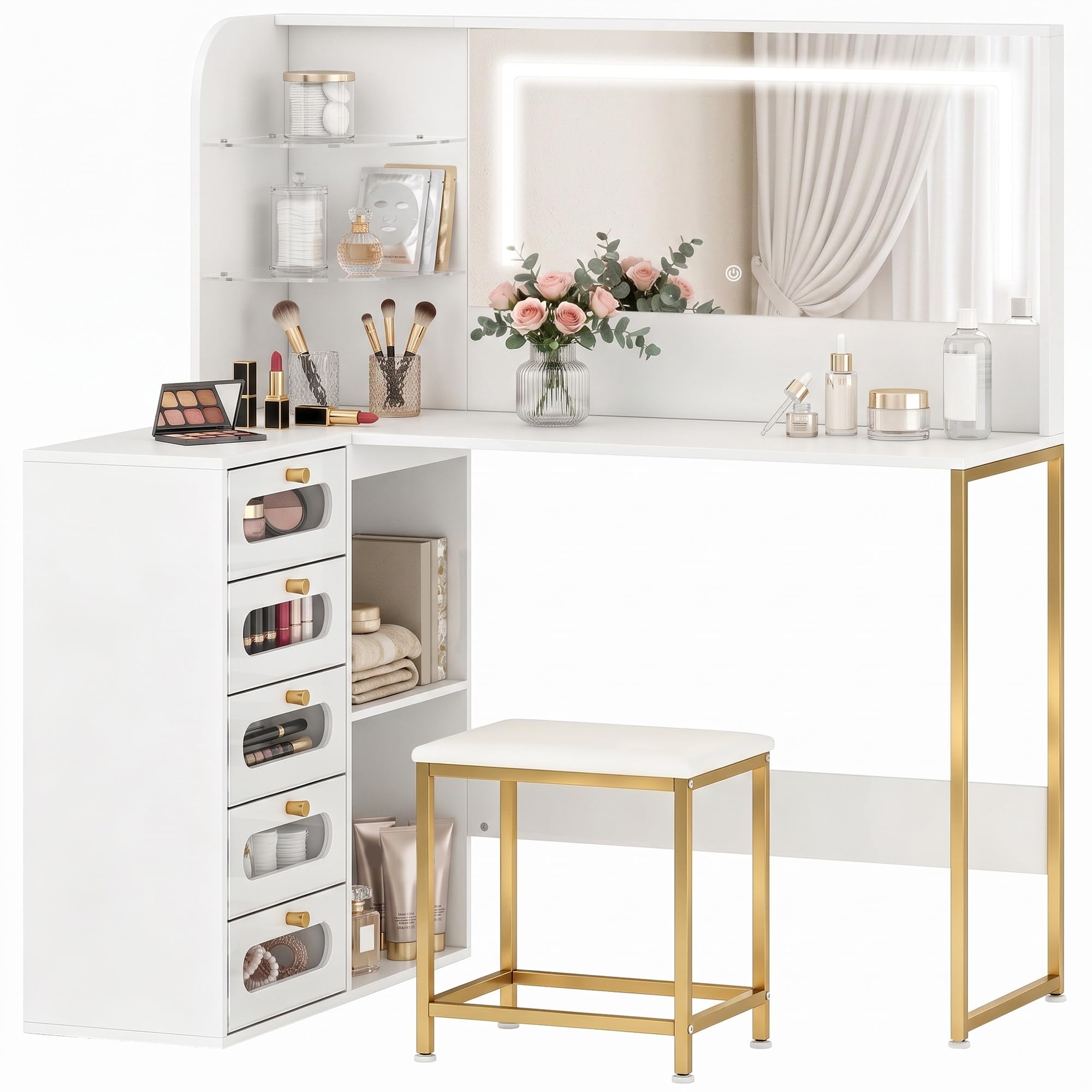 HOMCOM Dressing Table with Adjustable LED Mirror Stool 120x80x135 cm White