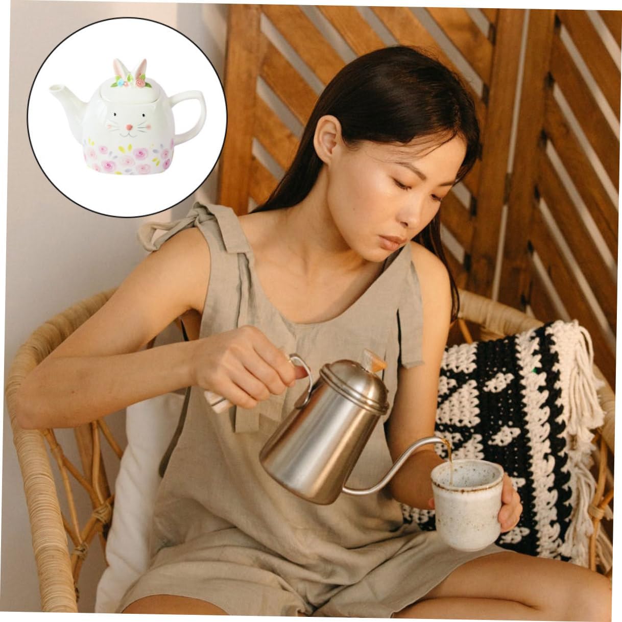 Ceramic Teapot Easter Bunny Flower Embossed Heat-resistant Tea Holder for Adults Spring Tea Pot Coffee Server