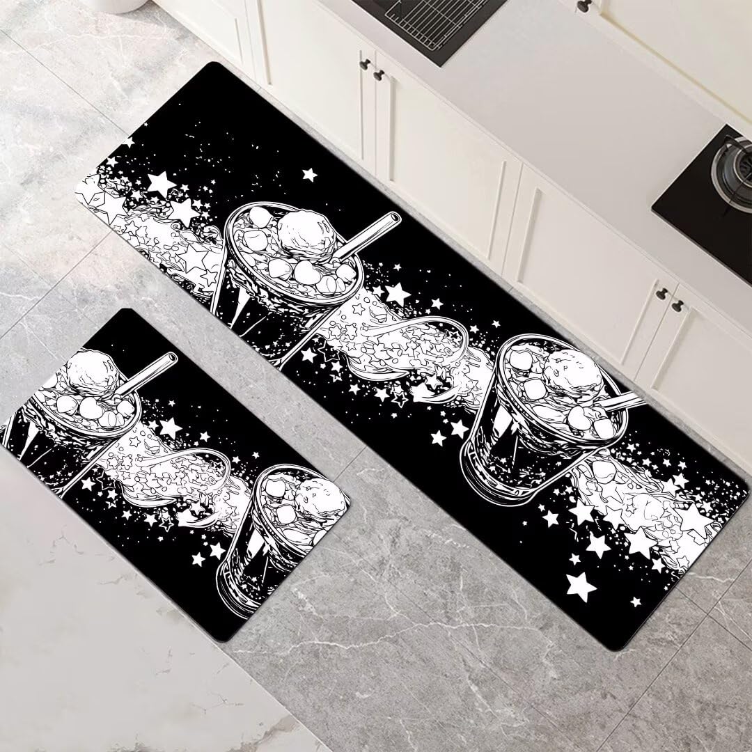 Alfombra cocina lavable de dos piezas con diseño negro de gran formato