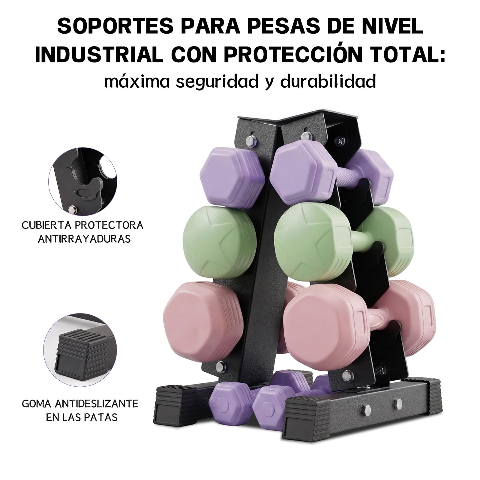 Soporte para Mancuernas de 3 Niveles, Estructura en A, Capacidad 100 kg,con Goma Antideslizante, para Gimnasio y Fitness en Casa (3, Kilogramos, 100)
