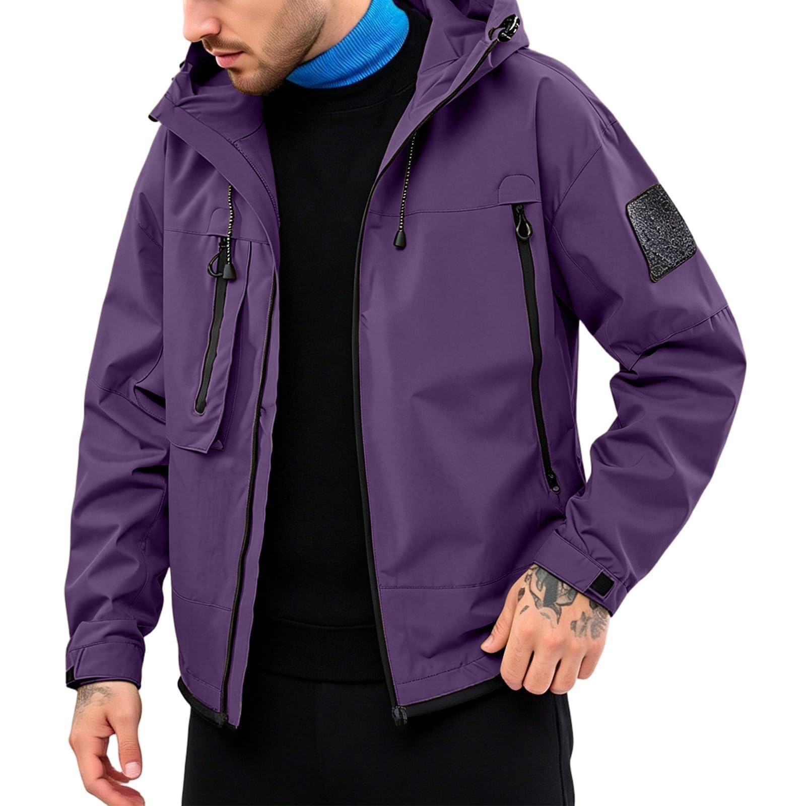 Generico Giacca a Vento Uomo Leggera con Cappuccio Stile Cargo Adatta Campeggio Pesca Ciclismo Escursioni e Viaggi Tessuto Impermeabile Traspirante Jacket