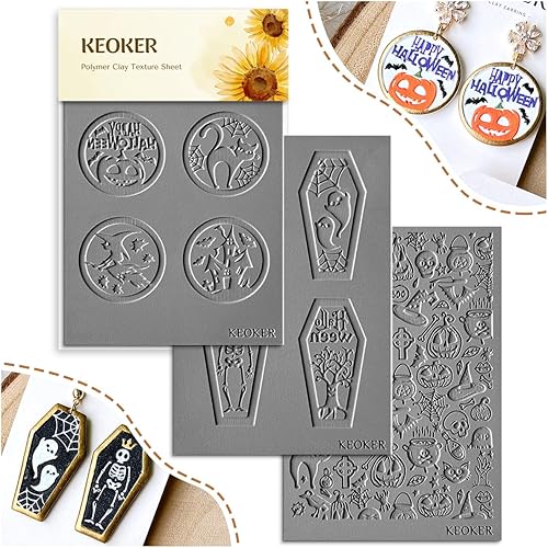 Keoker Hojas de textura de arcilla polimérica para Halloween, tapete de textura de arcilla de Halloween para hacer aretes, joyas, herramientas de