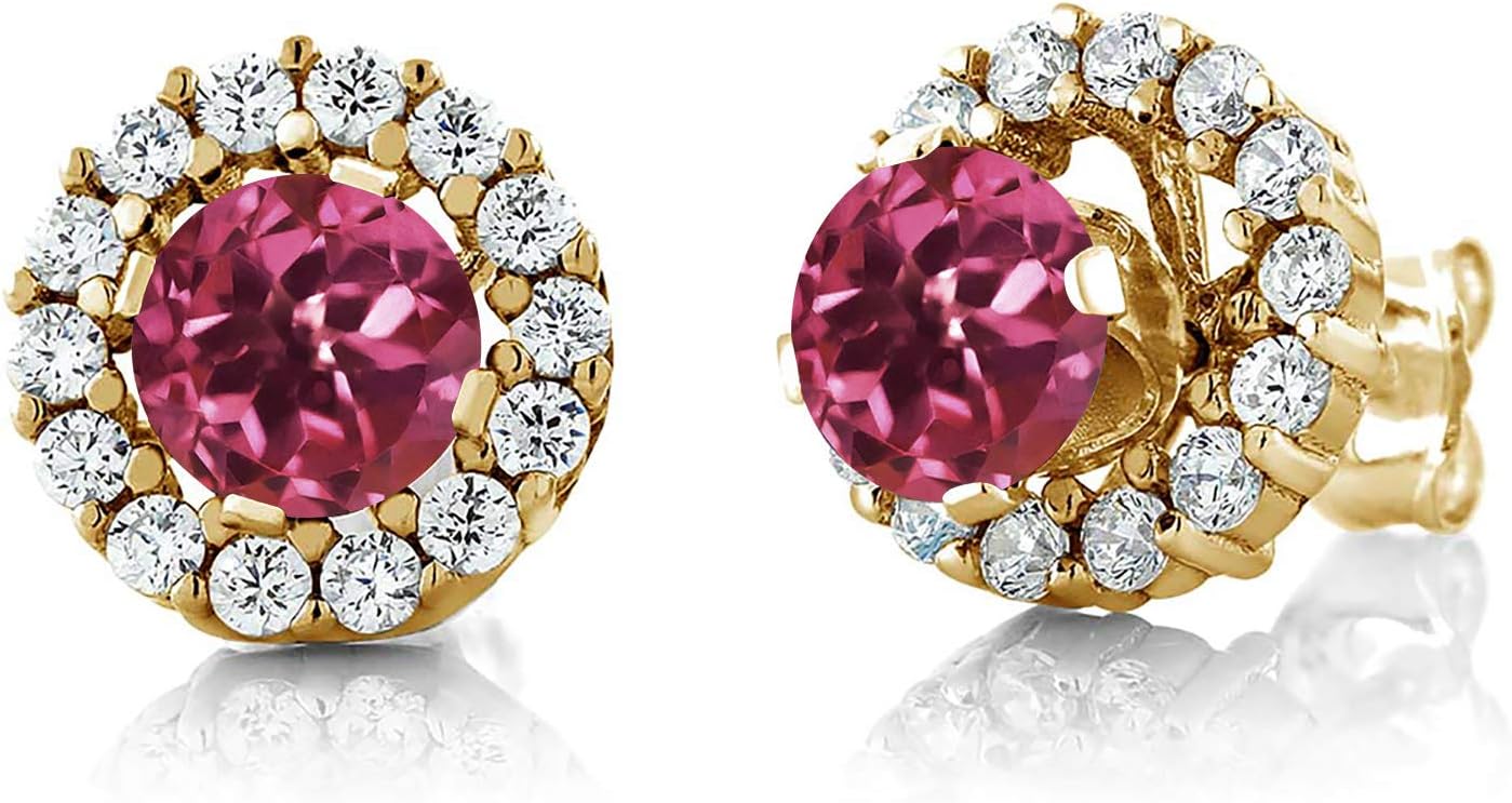 Gem Stone King 18K Yellow Gold Plated Silver 5MM Round Gemstone Birthstone Halo Stud Earrings For Women with Removable Jackets