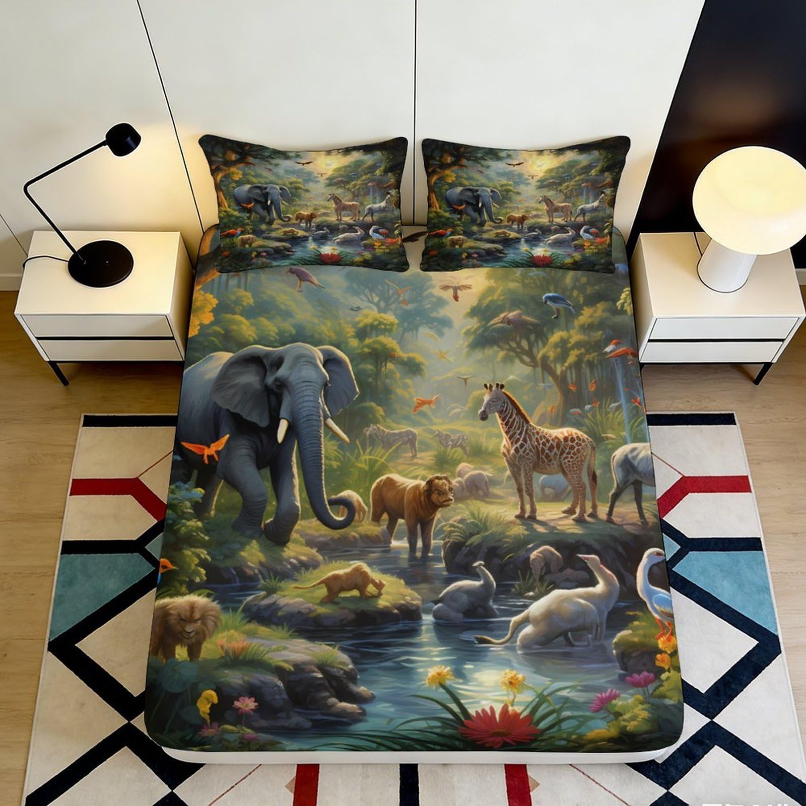 3D Printed Jungle Animals Fitted Sheet Microfiber Soft Breathable Wildlife Bed Cover for Bedroom Dormitory Guest Room Mattress Protection 180x200x25cm