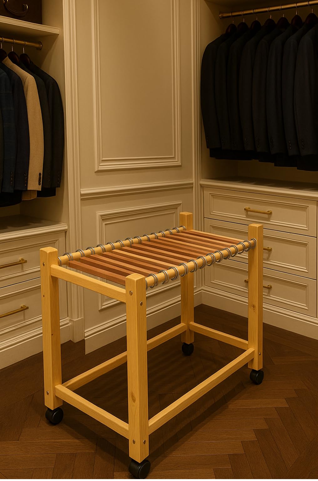 Cedar Elements Perchas de pino macizo con ruedas para pantalones (resistentes con 16 varillas colgantes de cedro rojo) acabado transparente