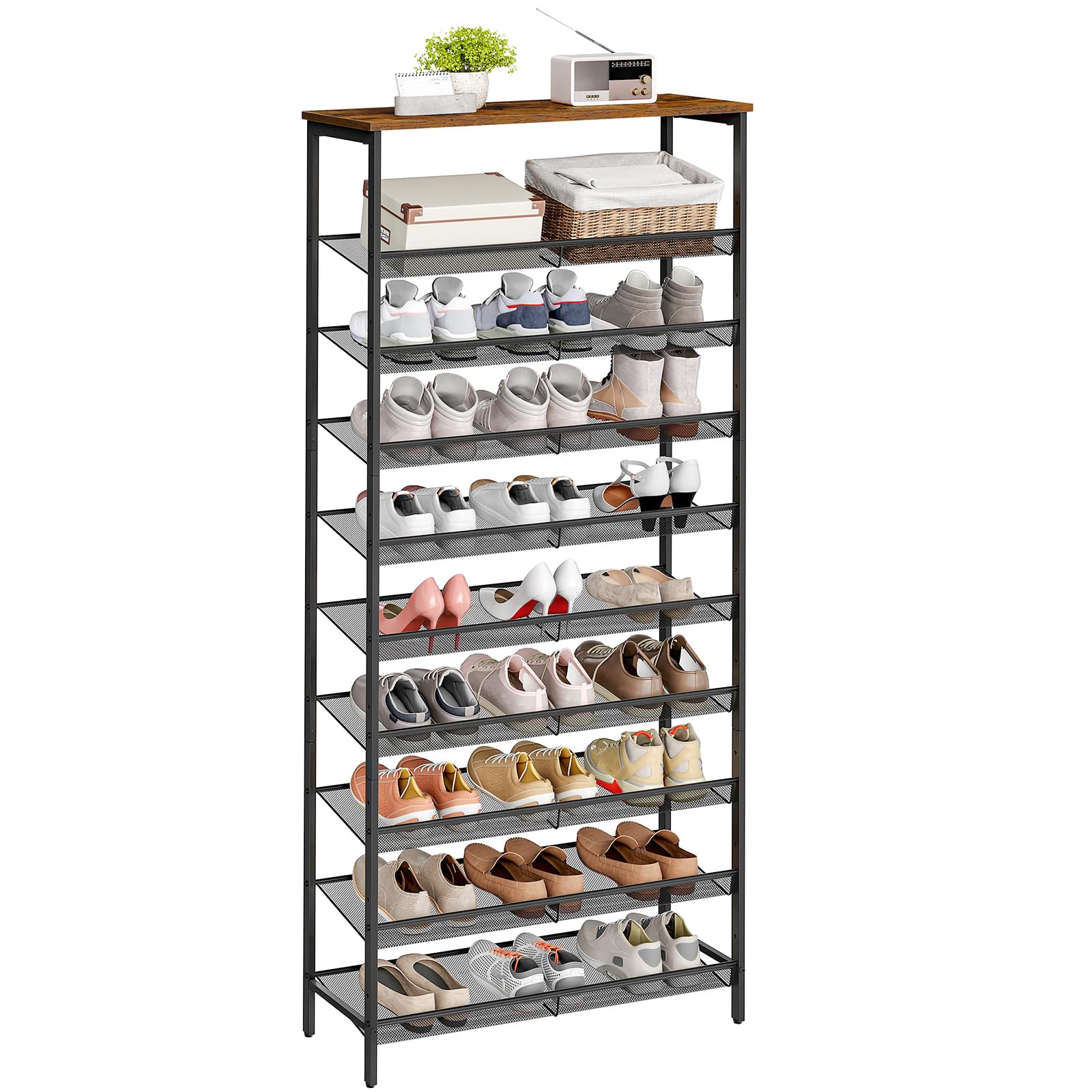 HOOBRO Schuhregal, 10-stöckige hoch Schuhablage, großer Schuhschrank, für 27-36 Paar Schuhe, mit flachen und neigbaren Metallregalen, platzsparend, für Flur, Dunkelbraun-Schwarz EBF110XJ01