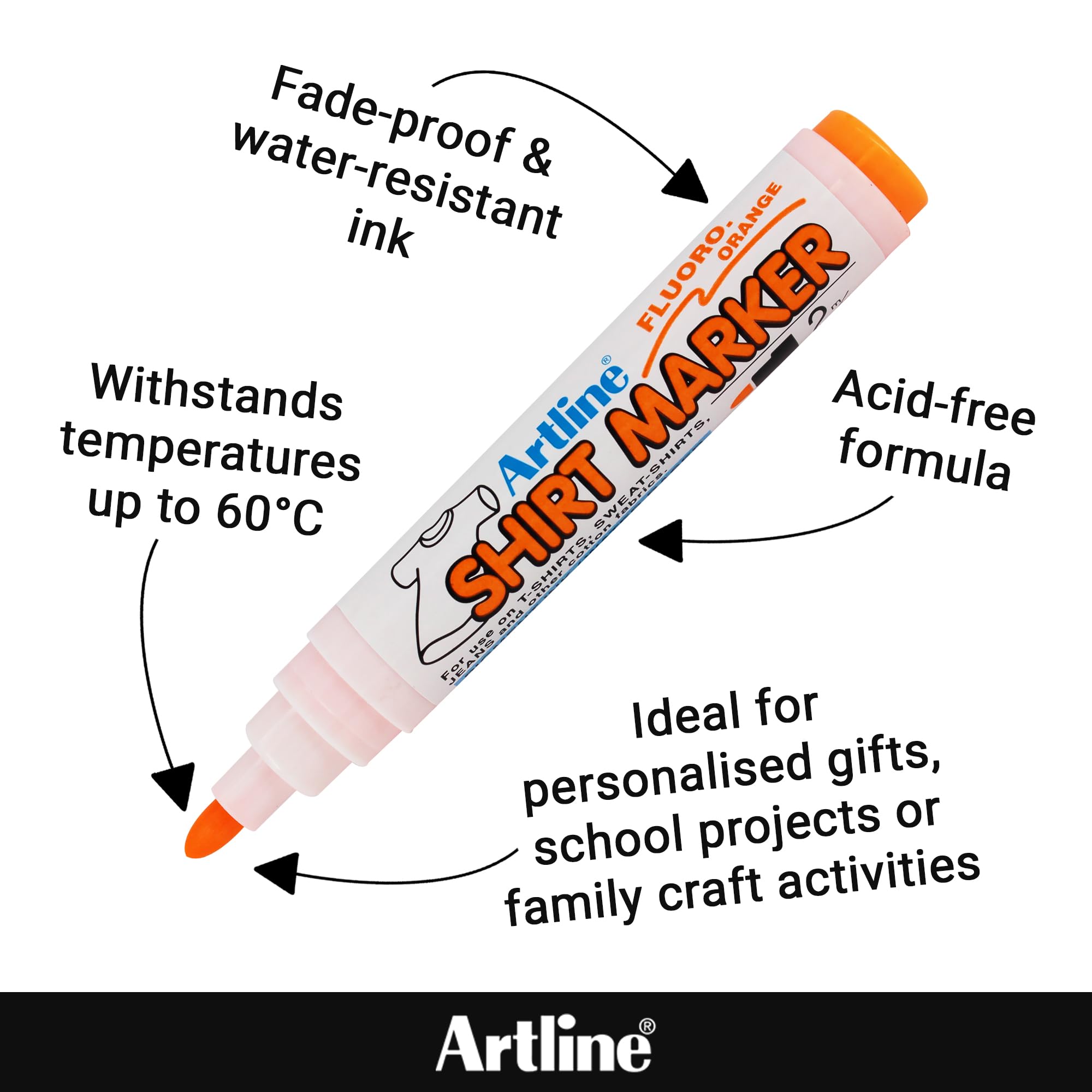 Artline Pack of 6 Fabric Markers for T-Shirts (Black, Light Blue, Yellow Green + Fluoro. Yellow - Image 4