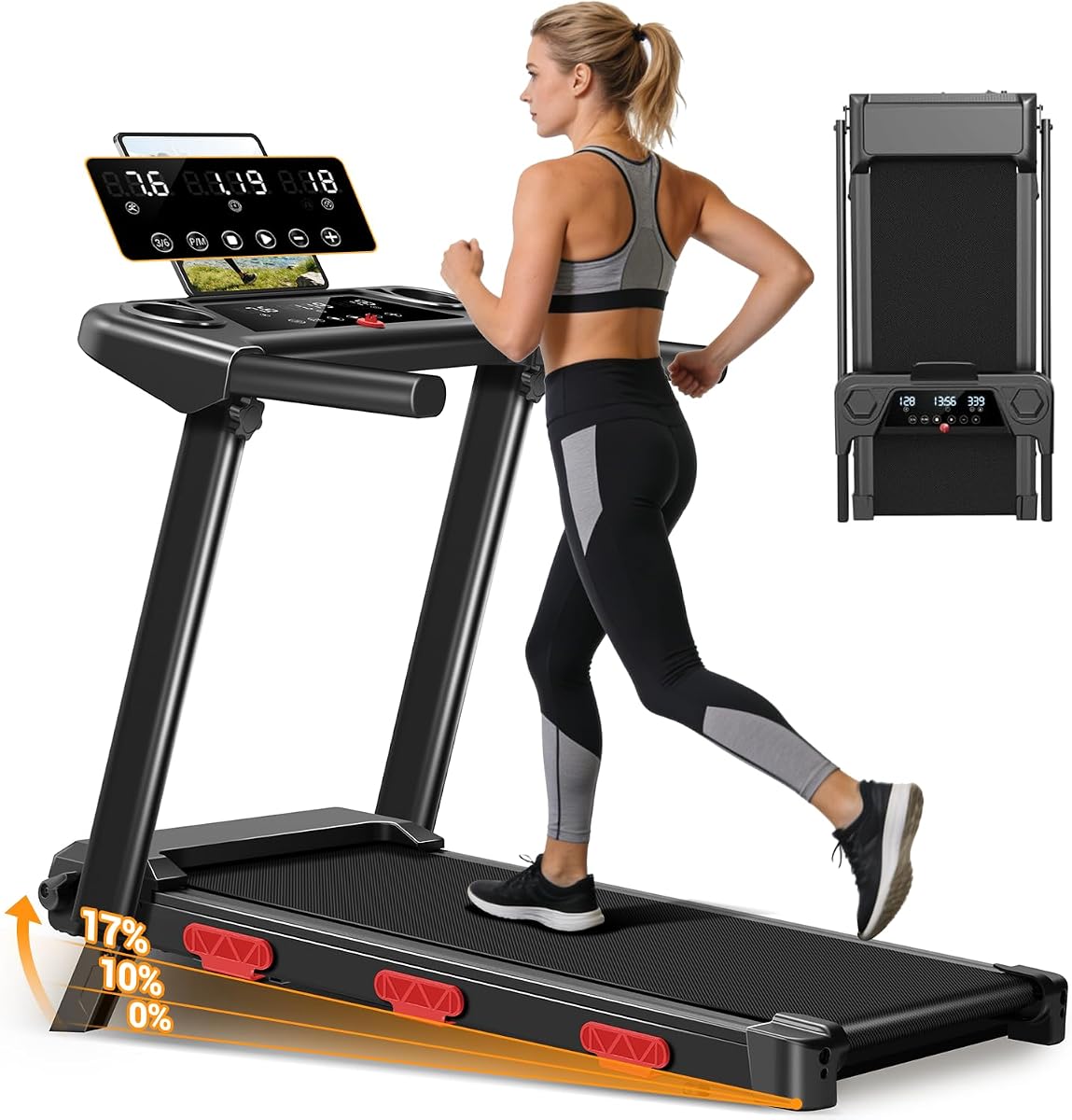 18% Incline Folding Treadmills for Home, 3.0HP Quiet Brushless Motor, 3 Manual Incline Levels, 12 Workout Programs, LED Display, 350 LBS Capacity, 0.6-7.5 MPH Compact Walking Pad for Small Spaces