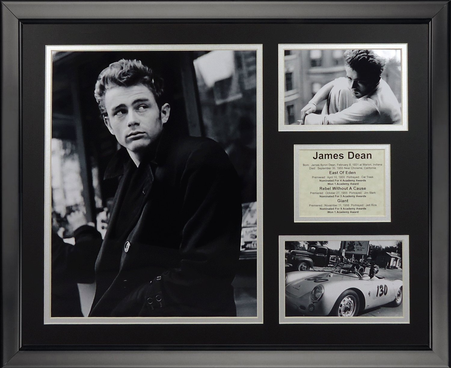 Photo James Dean encadrée Legends Never Die noir et blanc portrait rétro 40x50 cm