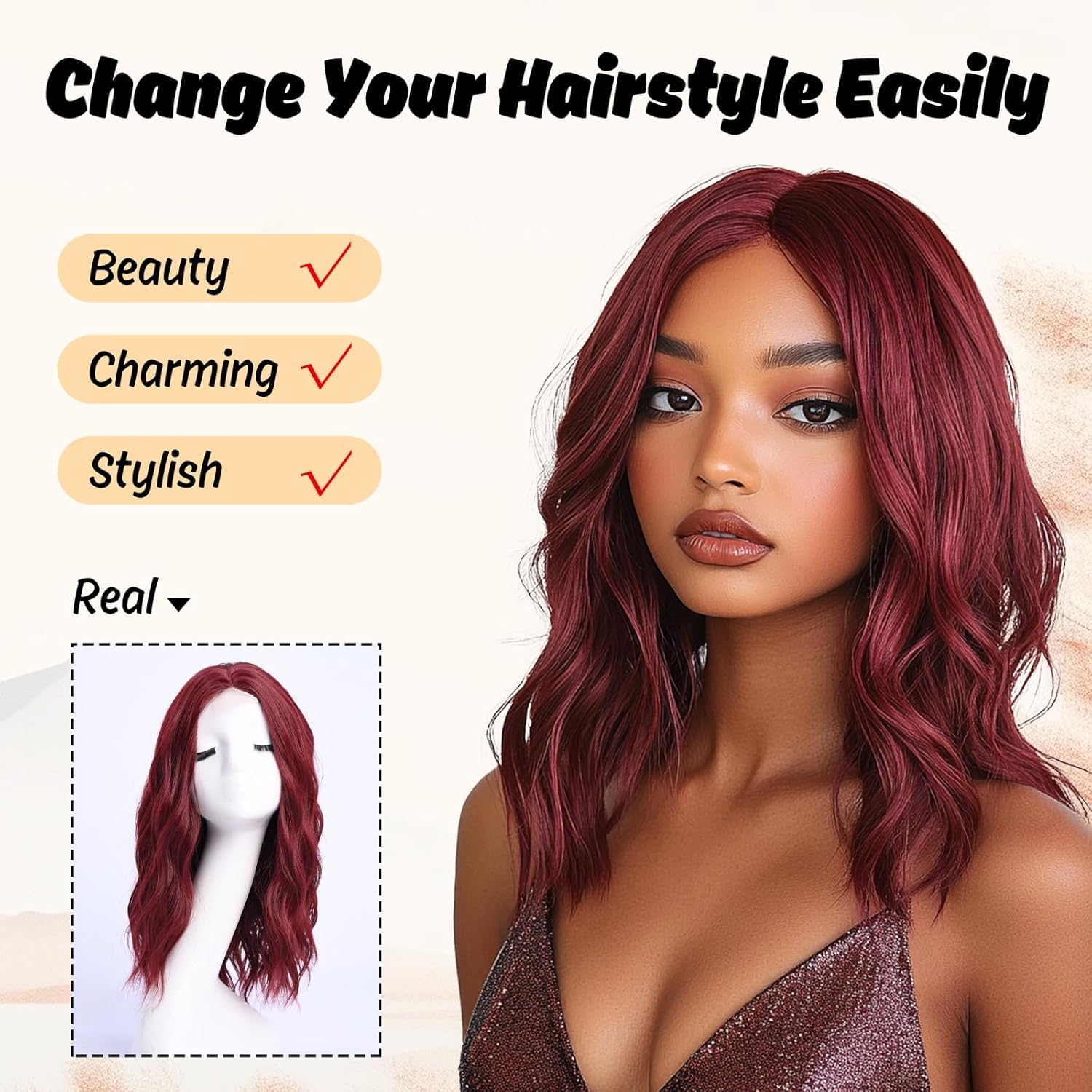 YaissmyLu Medium Length Burgundy Wavy Wigs for Women 12 Inch Middle Part Wavy Wig Wine Red Natural Looking Synthetic Heat Resistant Fiber Wig for Daily Use(18 inch) - Image 3