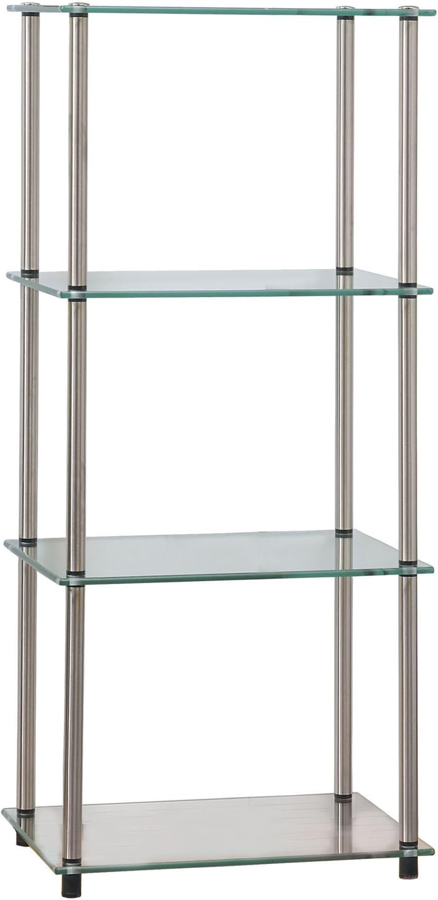 Convenience Concepts Designs2Go Classic Glass 4-Tier Tower 17.75" - Modern Media Stainless Steel Bookshelf for Living Room, Display Storage Shelves for Family Room, Bathroom, Office, Glass/Chrome