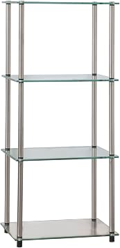 Convenience Concepts Designs2Go Classic Glass 4-Tier Tower 17.75" - Modern Media Stainless Steel Bookshelf for Living Room, Display Storage Shelves for Family Room, Bathroom, Office, Glass/Chrome