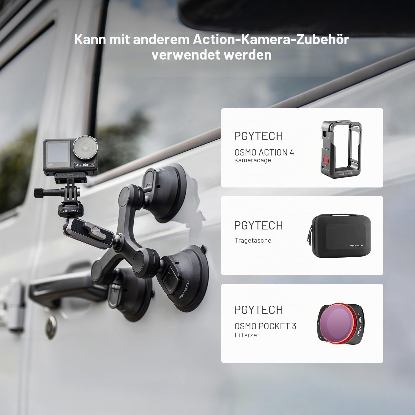 PGYTECH CapLock Dreifach Saugnapf Halterung, Actioncam Auto Halter