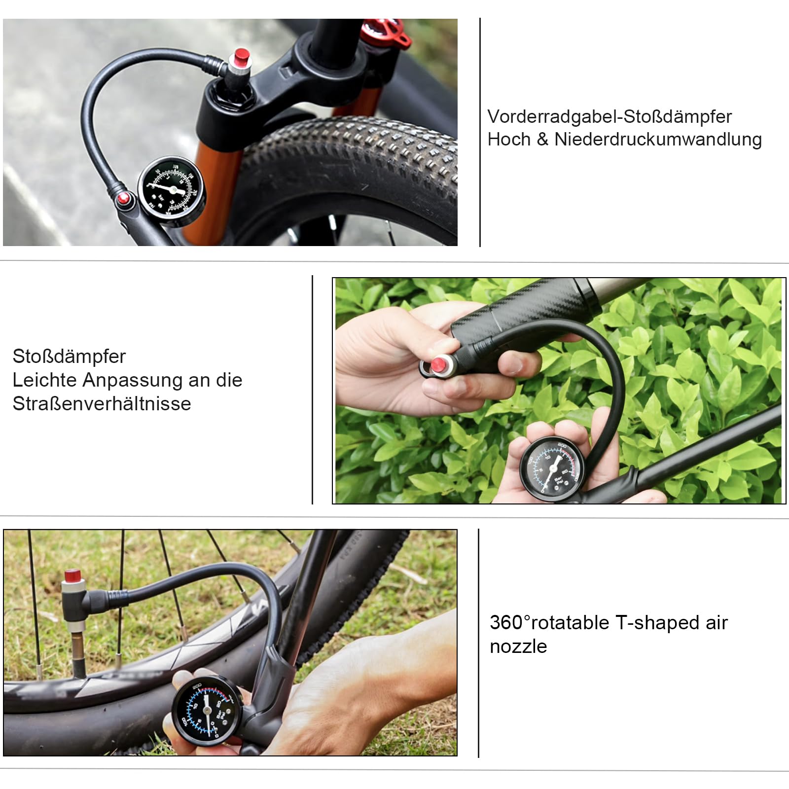 Hochdruck Dämpferpumpe(Max 300 PSI) 3 in1- Fahrrad Gabelpumpe, Hinterradaufhängung pumpe und Fahrradreifen pumpe, Fahrradpumpe mit Manometer, Tragbare Minipumpe mit Entlüftungstaste für MTB, Rennrad