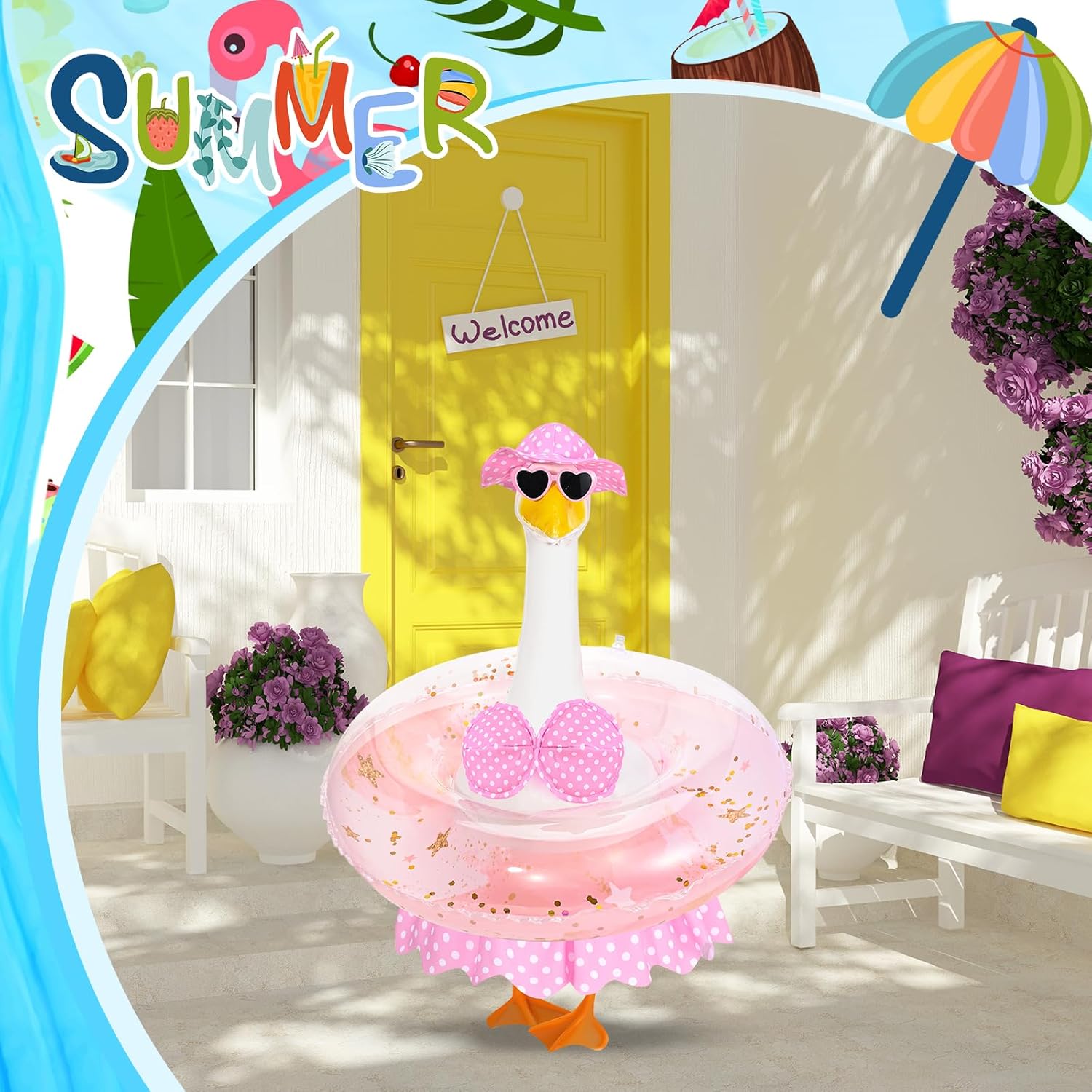 Hawaiian Porch Goose Outfits Summer Bikini Goose Outfit Fits 23" Goose Statue with Hat Sunglasses & Swimming Ring for Cement Yard Decor (Pink)