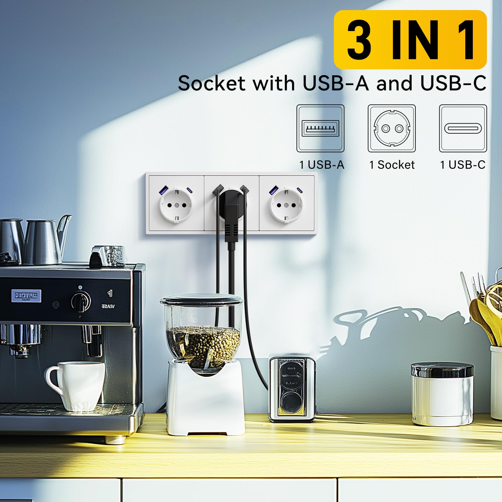 Prise Schuko Encastrée Norme UE,Prise Murale 16A avec Cadre en PC,Charge Rapide avec Port de Type A/C,Griffes Rabattables,Type F avec Terre,3 Voies 220 * 80mm Blanc