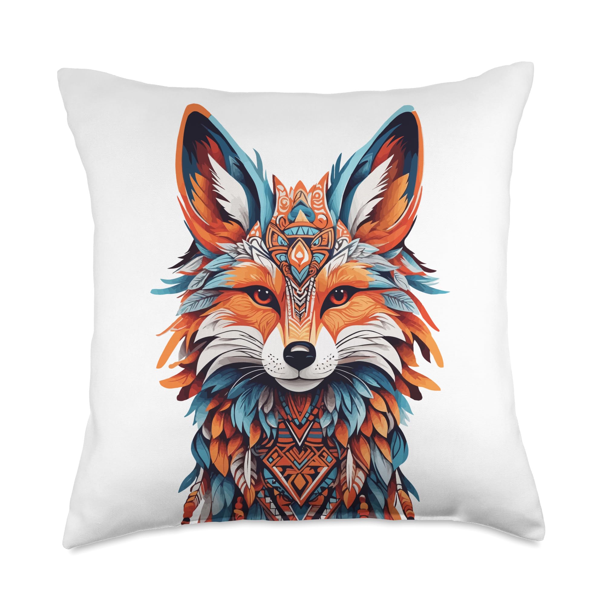 Spiritual Fox with Feather Decoration Indian Shaman Throw Pillow, 18x18, Multicolor