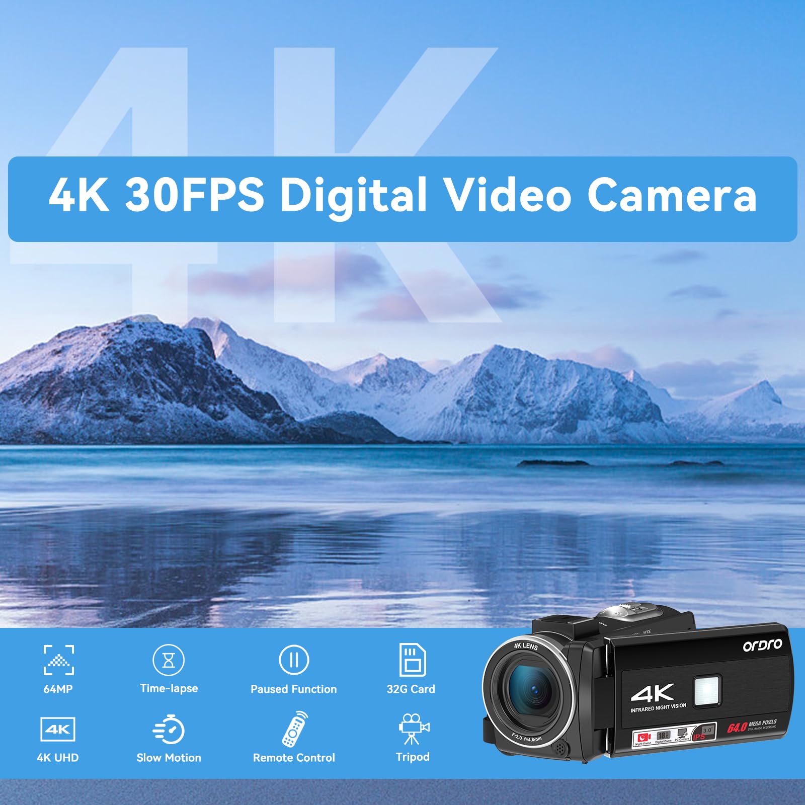 ORDRO Z36 4K Camcorder 64MP Vlogging Camera 18X Digital Zoom IR Night Vision