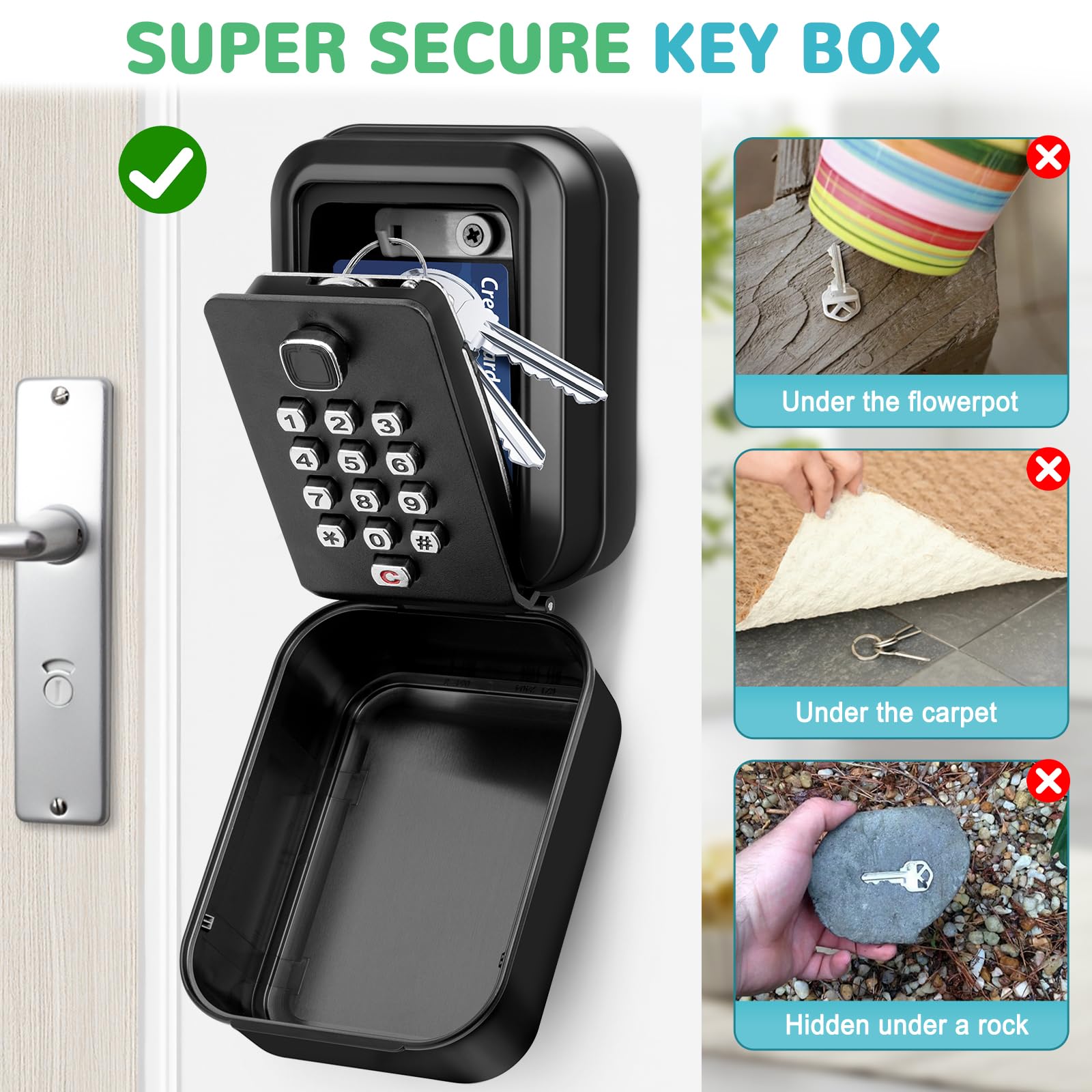 Caja Seguridad con Llaves Exterior Grande, Código 12 Dígitos Impermeable Oxidación y Robusto para Hogar, Escuela, Garaje, Oficina - Negro