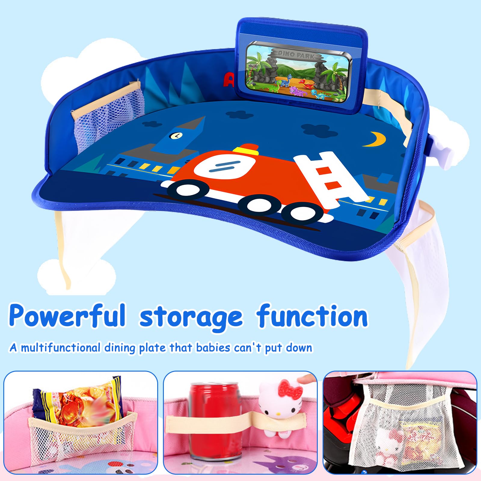 PRTIOK Tavolo da viaggio per bambini con tasche a rete: tavolino da viaggio per bambini, per giochi e tavolo da pranzo, tavolo da gioco, per passeggini, passeggini, auto, treno, blu