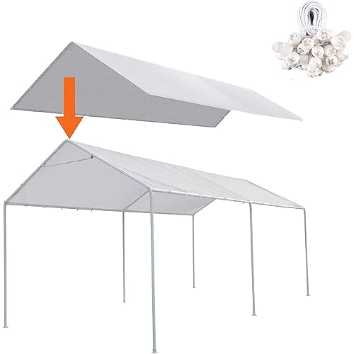 Thanaddo 10 x 20 Ft Carport Replacement Canopy Cover Garage Top Tent Shelter Tarp with Free 48 Ball Bungee Cords,White(Only Cover, Frame Not Include) (Grey, 10x20 Ft) (White, 10x20 Ft)