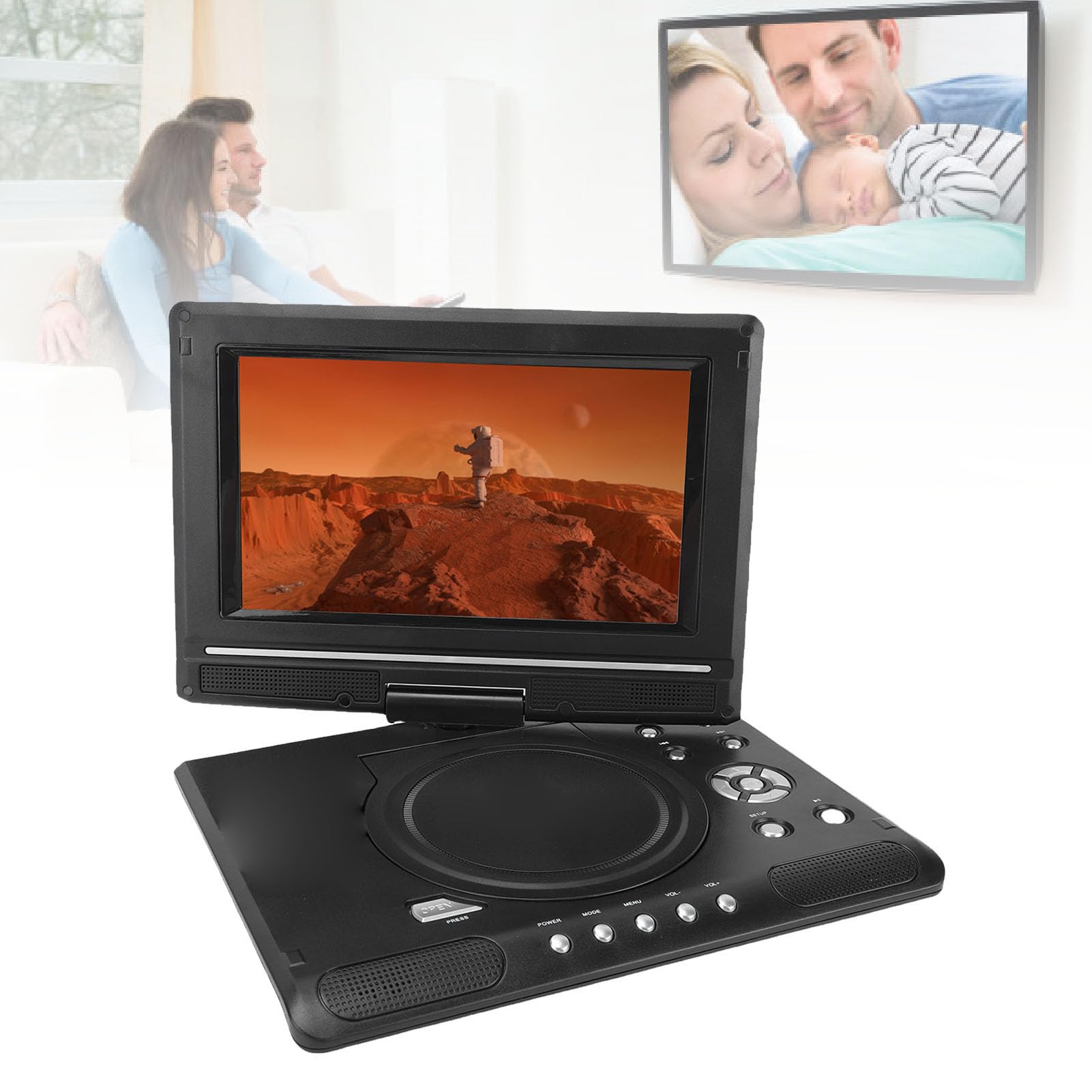Denash Lettore DVD Portatile da 9,8 Pollici con Doppi Altoparlanti Integrati, Film su Disco 3D, per la Casa, il Lettore DVD per Auto Supporta USB, Telecomando con Schermo Girevole (Spina europea)