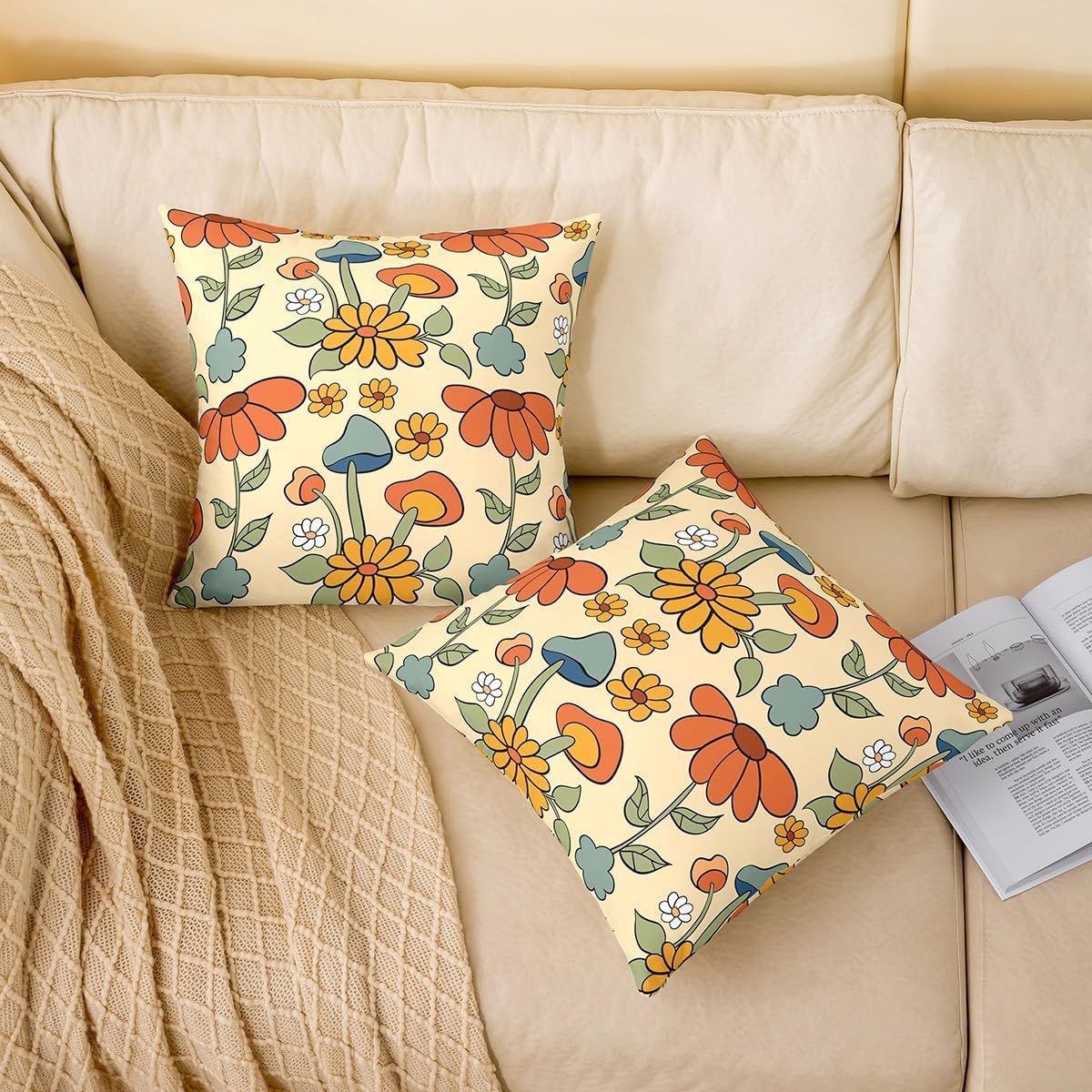 Mushroom Throw Pillow Covers 24"x24" Set of 2 Soft Mushroom Retro 60S 70S Floral Pillow Cases Cushion Covers for Living Room Bedroom Vintage Flowers Decorative Throw Pillowcases for Sofa Couch Chair