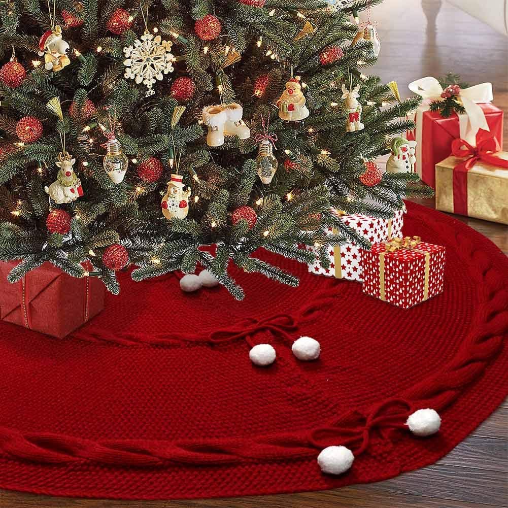 OurWarm Knitted Christmas Tree Skirt, 48 Inch Large Red Tree Skirt for Christmas Decorations Holiday Luxury Thick Tree Xmas Ornaments
