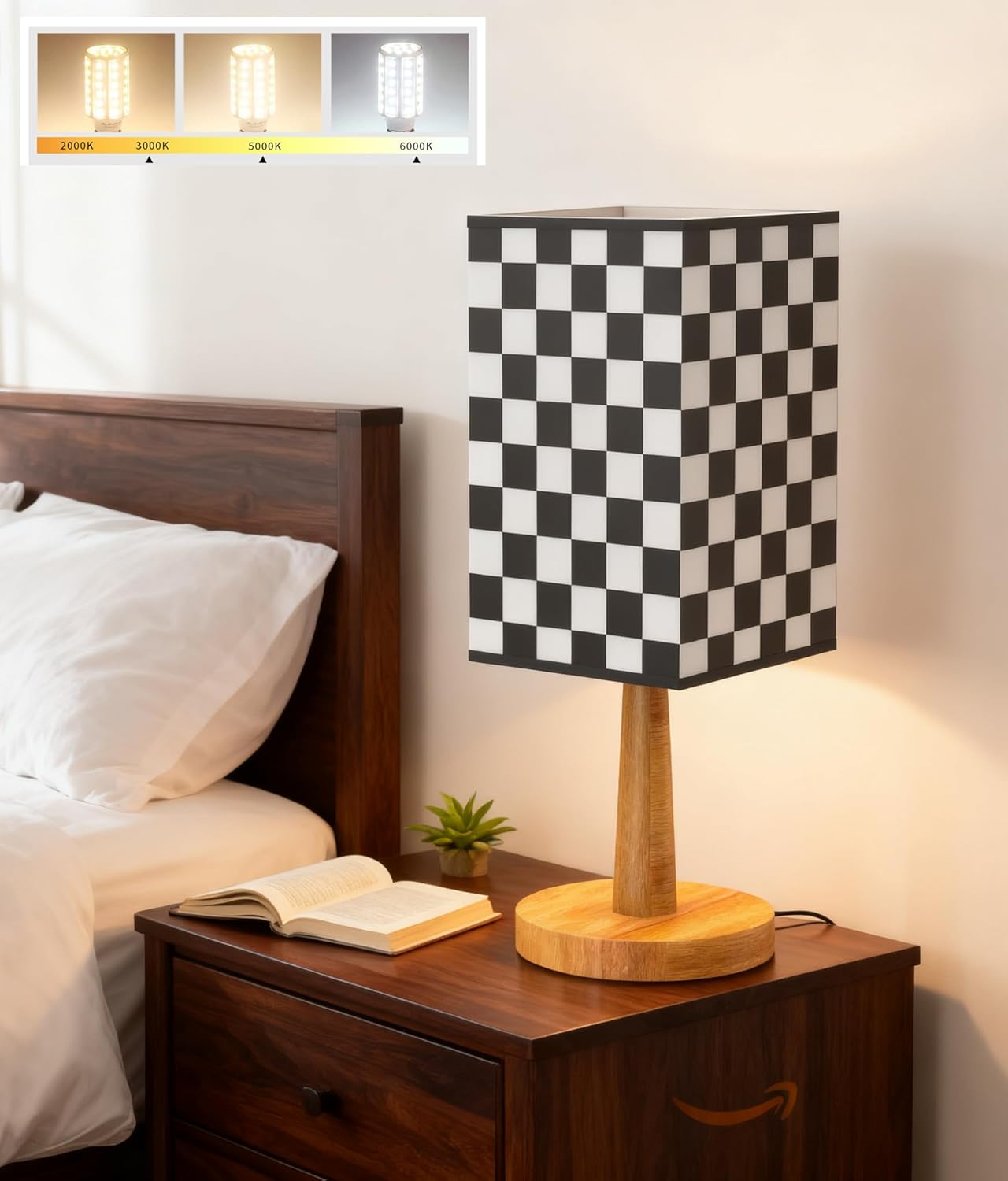 Bedside Table Lamp with 12W LED Bulb, Chess Board Fabric Shade (Racing Flag Black and White Pattern), 3 Color Modes - Suitable for Bedroom, Nightstand, Office, Living Room, Guest Room