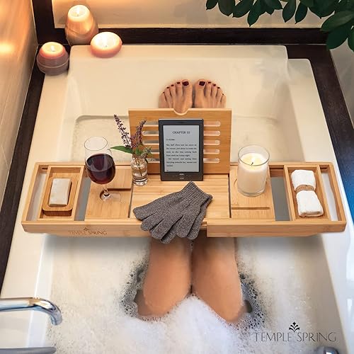 Miniatura 5 de Temple Spring Bandeja de bañera de madera, accesorios de baño de bambú, bandeja de baño para bañera, artículos esenciales de spa en casa, tabla para