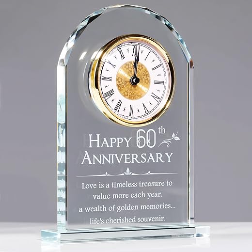 YWHL 60th Anniversary Quartz Clock Gifts for Parents Grandparents, 60 Year Wedding Anniversary Glass Keepsakes Gifts for Couple, Happy 60th Anniversary Party Decorations