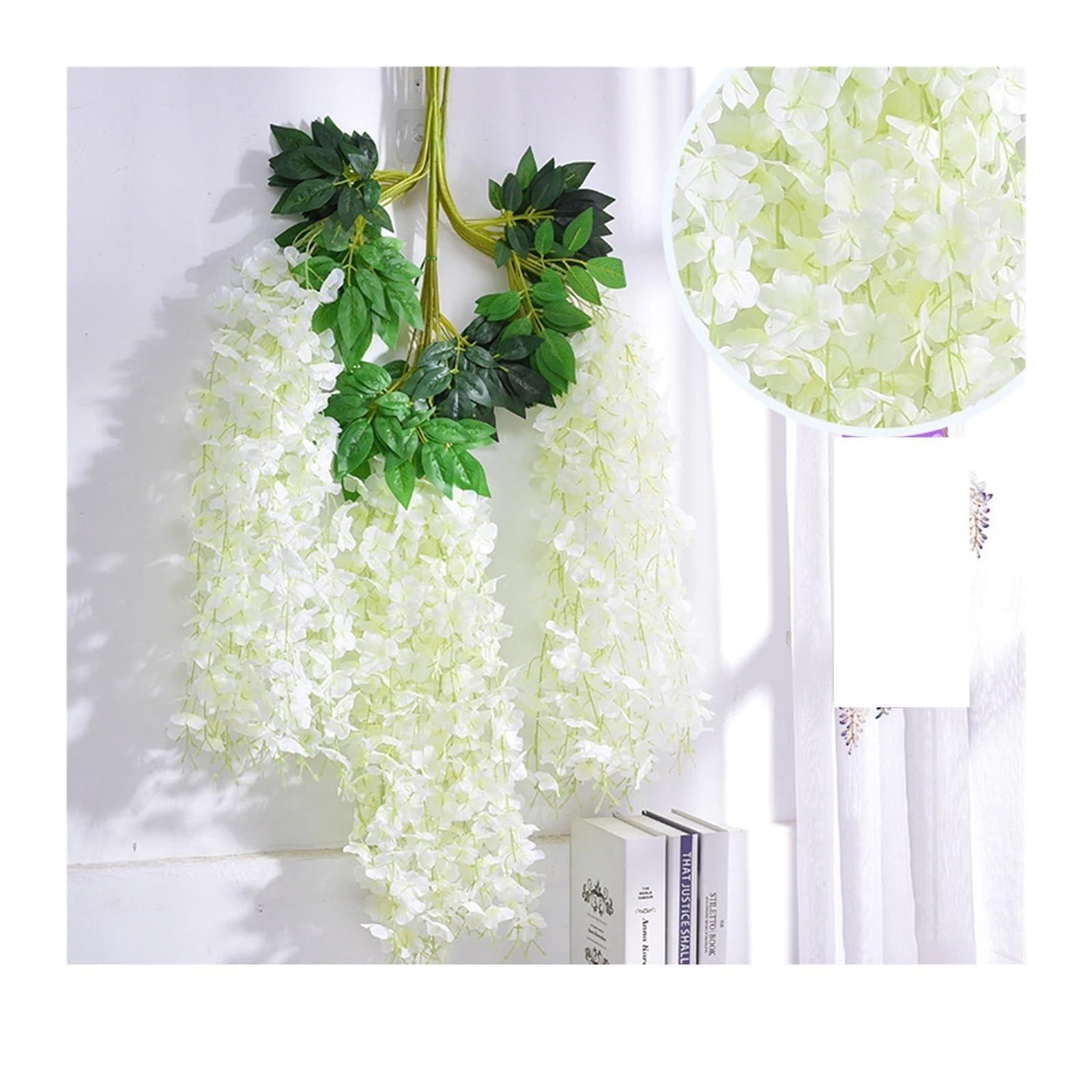 Artificial Flower Vine 12pcs Wisteria Artificial Flowers Vine Wreath Wedding Arch Decoration Leaf Rattan Trailing Silk Flower Ivy Wall Decor(White)