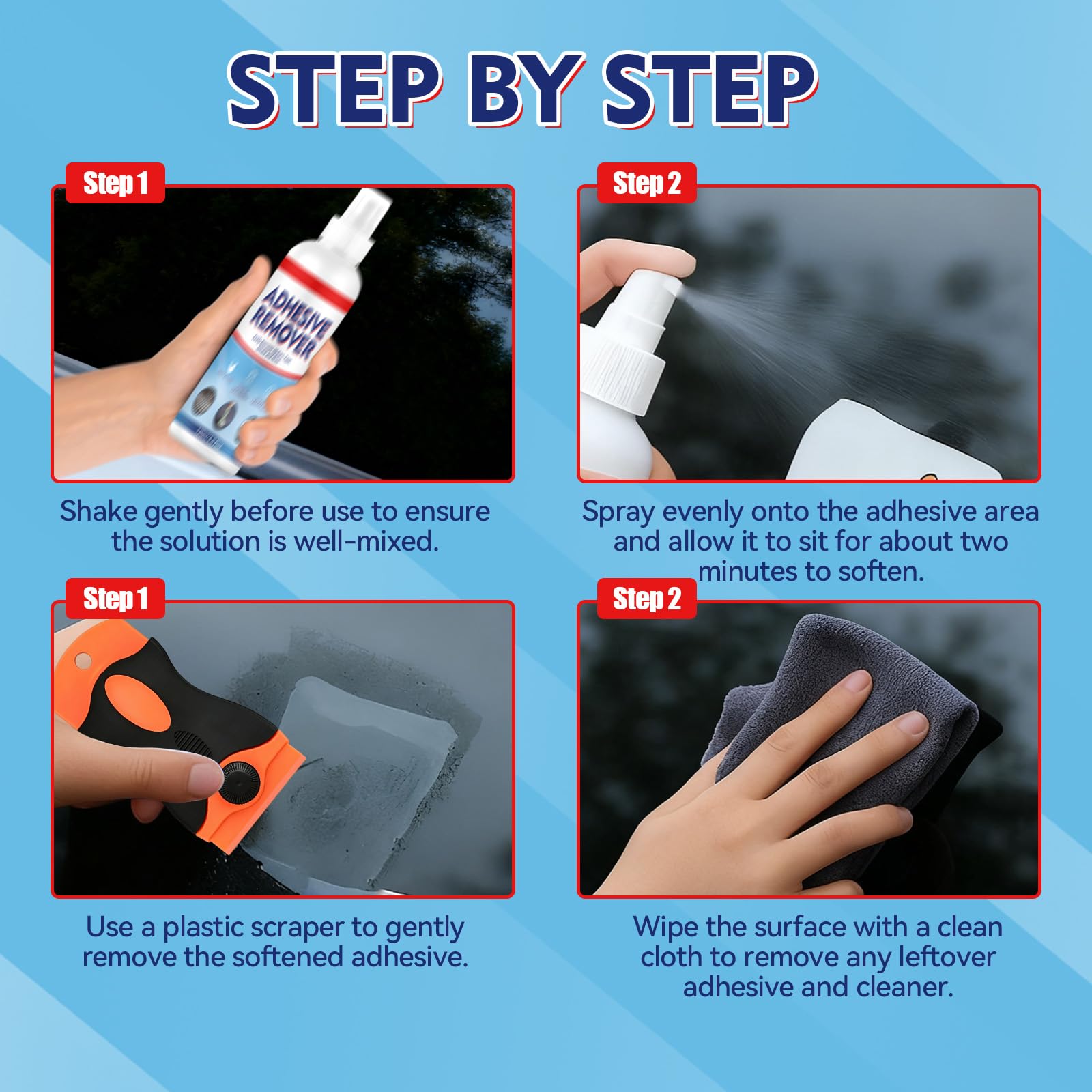 Adhesive Remover Spray, Sticker Remover Cleaning Multi-Surface Residue, GlueRemover for Tap, Decals, Glue, Chewing Gum, from Car, Windows, Glass, Plastic, LabelRemover with Scraper and Towel — view 4