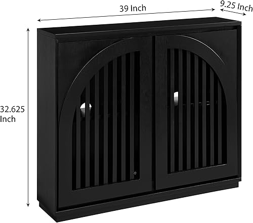 Miniatura 2 de Aparador acanalado con 2 agujeros de salida, gabinete de almacenamiento acanalado moderno de mediados de siglo para sala de estar, color negro