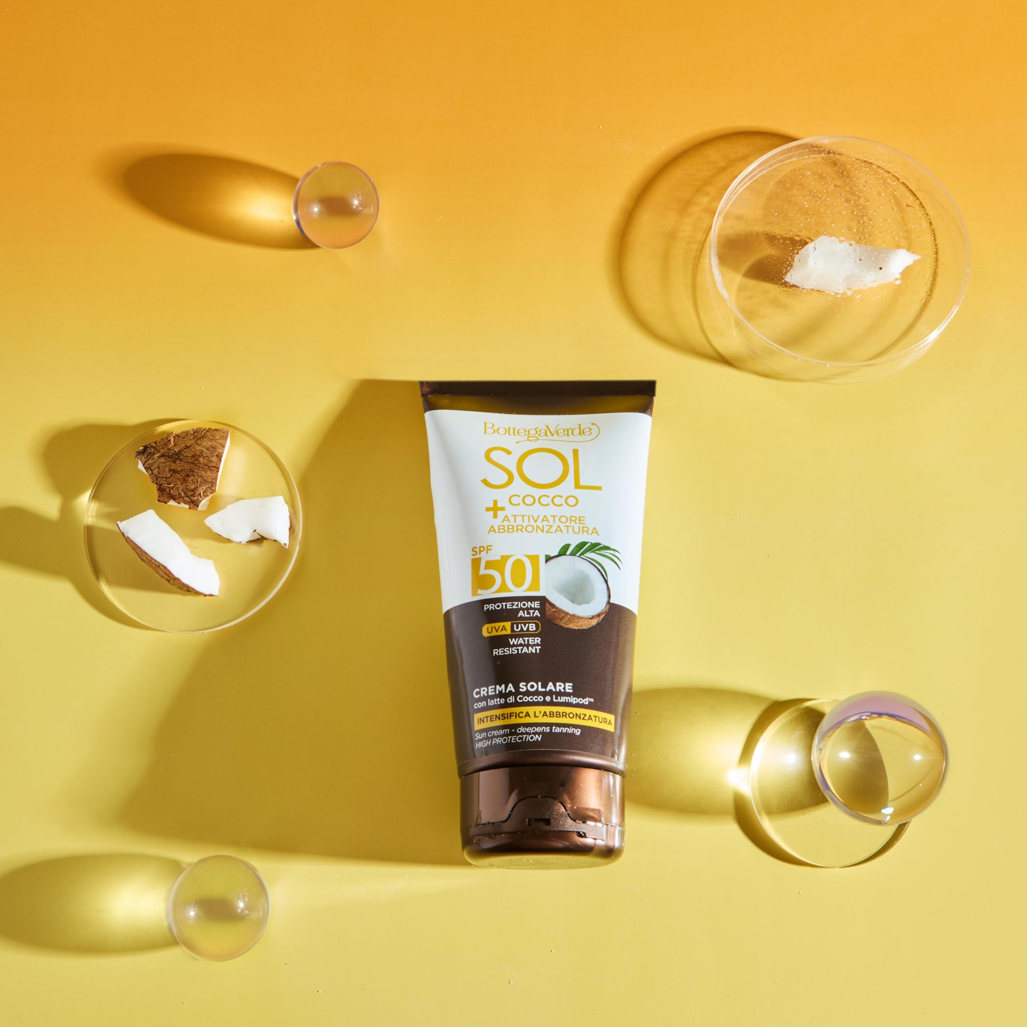 Bottega Verde - SOL Cocco + Attivatore di abbronzatura, Crema solare, intensifica l'abbronzatura, 150 ml, con latte di Cocco e Lumipod™, water resistant, protezione alta SPF50