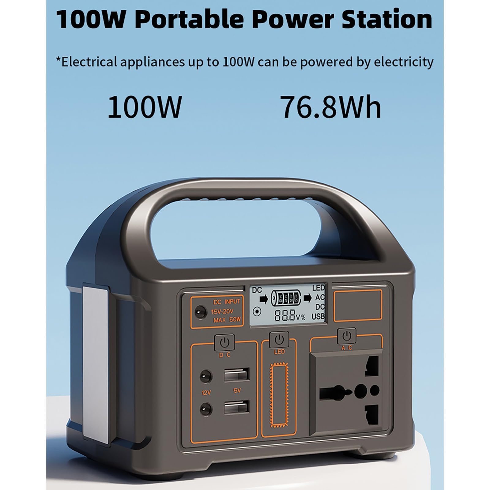 Fuente de alimentación portátil para Exteriores de 100 W, 76 WH, 24 000 mA, para Camping, con Conector USB CA/CC e iluminación LED, Ideal para Camping, Pesca y fotografía.