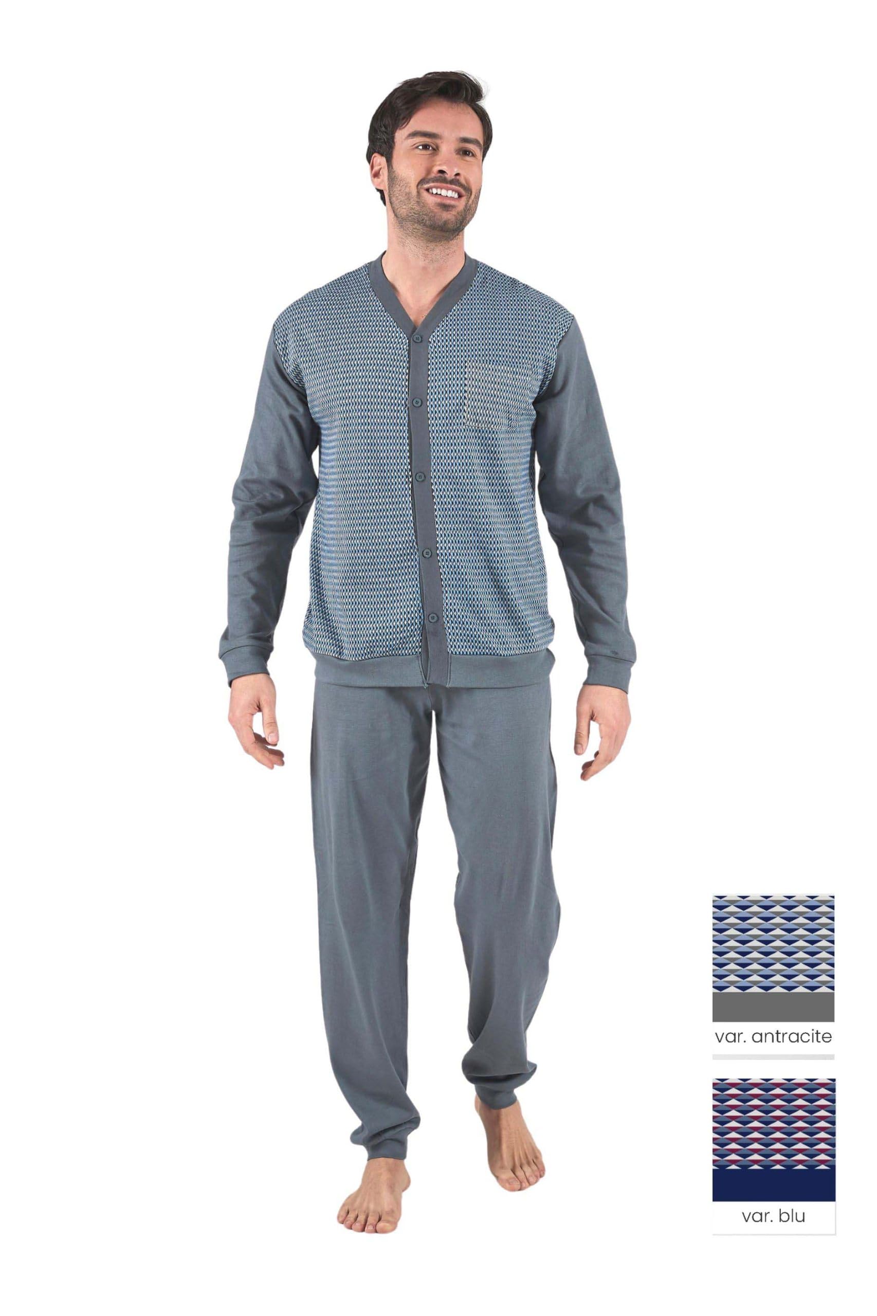 Pigiama lungo uomo 100% caldo cotone Aperto Classico con taschino e polsini