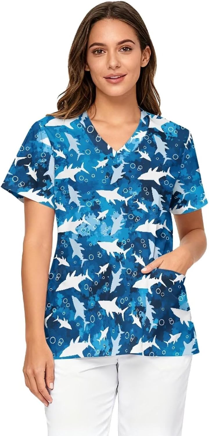 Womens Nurse Uniforms 2026 Scrub Tops for Women Short Sleeve V Neck Scrub Shirt with Pockets