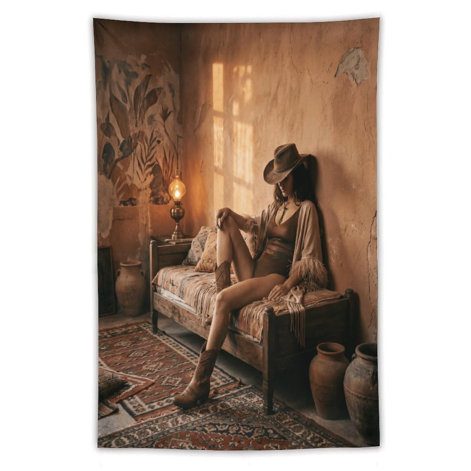 W7C8U2X3 Boho Cowgirl Lounge Wall Tapestry, Oil Painting, Rustic Americana