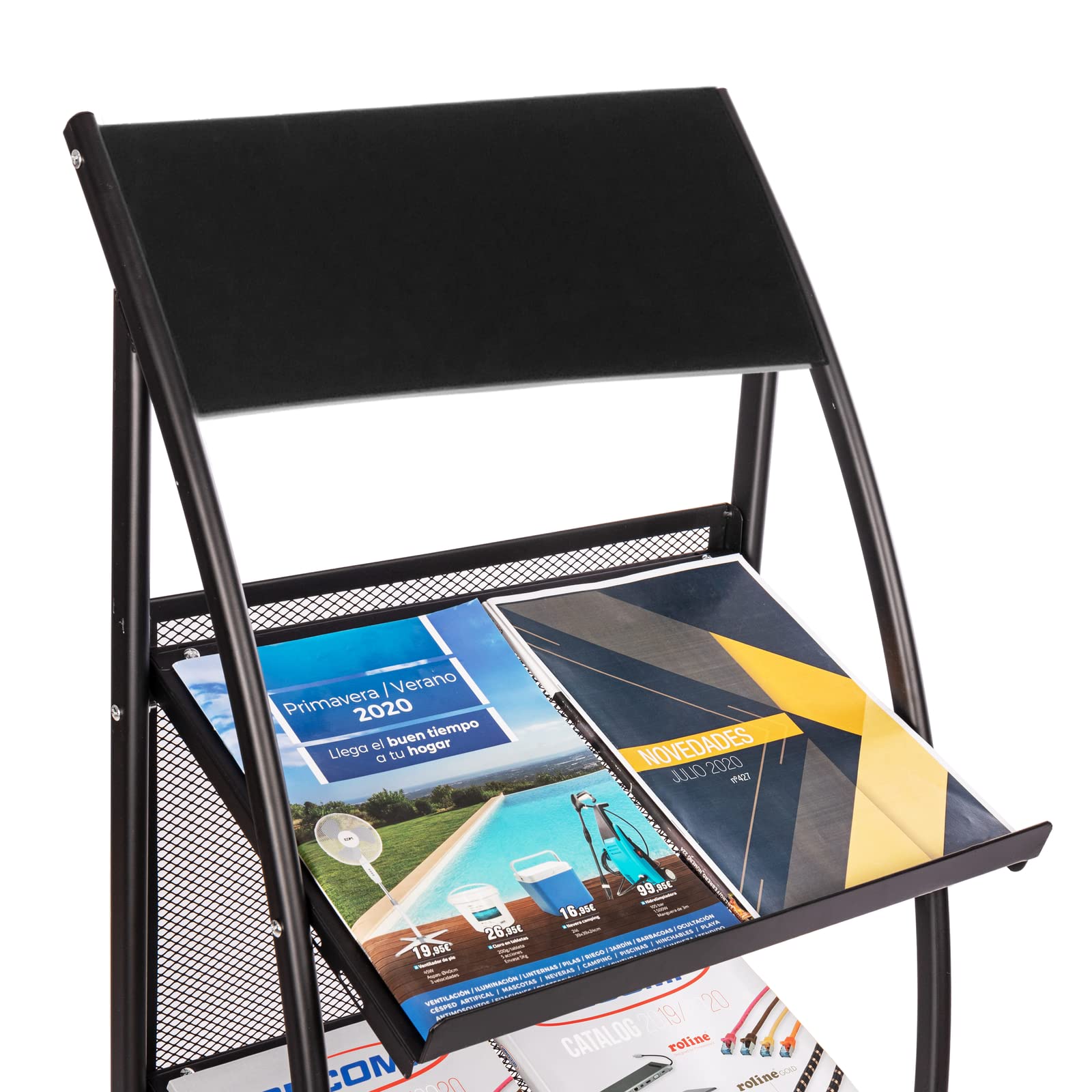 PrimeMatik Magazines and brochures stand with wheels and 4 shelves