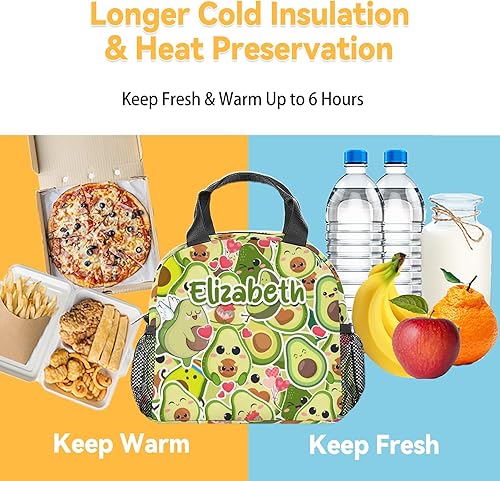 Miniatura 6 de Lonchera con nombre personalizado de aguacate para niños, pequeñas bolsas de almuerzo personalizadas, aisladas, bonita lonchera reutilizable para